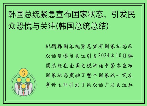 韩国总统紧急宣布国家状态，引发民众恐慌与关注(韩国总统总结)