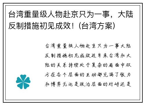 台湾重量级人物赴京只为一事，大陆反制措施初见成效！(台湾方案)