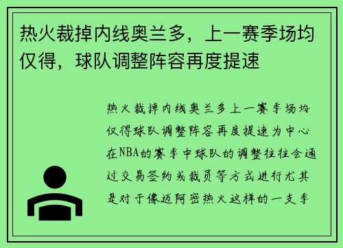 热火裁掉内线奥兰多，上一赛季场均仅得，球队调整阵容再度提速