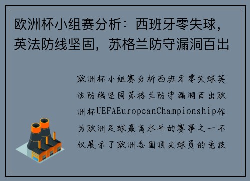 欧洲杯小组赛分析：西班牙零失球，英法防线坚固，苏格兰防守漏洞百出