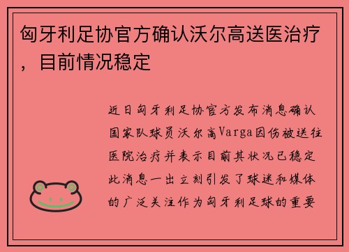 匈牙利足协官方确认沃尔高送医治疗，目前情况稳定