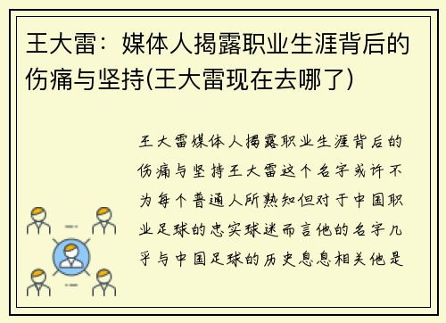 王大雷：媒体人揭露职业生涯背后的伤痛与坚持(王大雷现在去哪了)