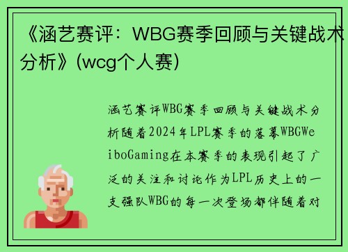 《涵艺赛评：WBG赛季回顾与关键战术分析》(wcg个人赛)