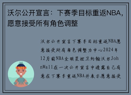 沃尔公开宣言：下赛季目标重返NBA，愿意接受所有角色调整